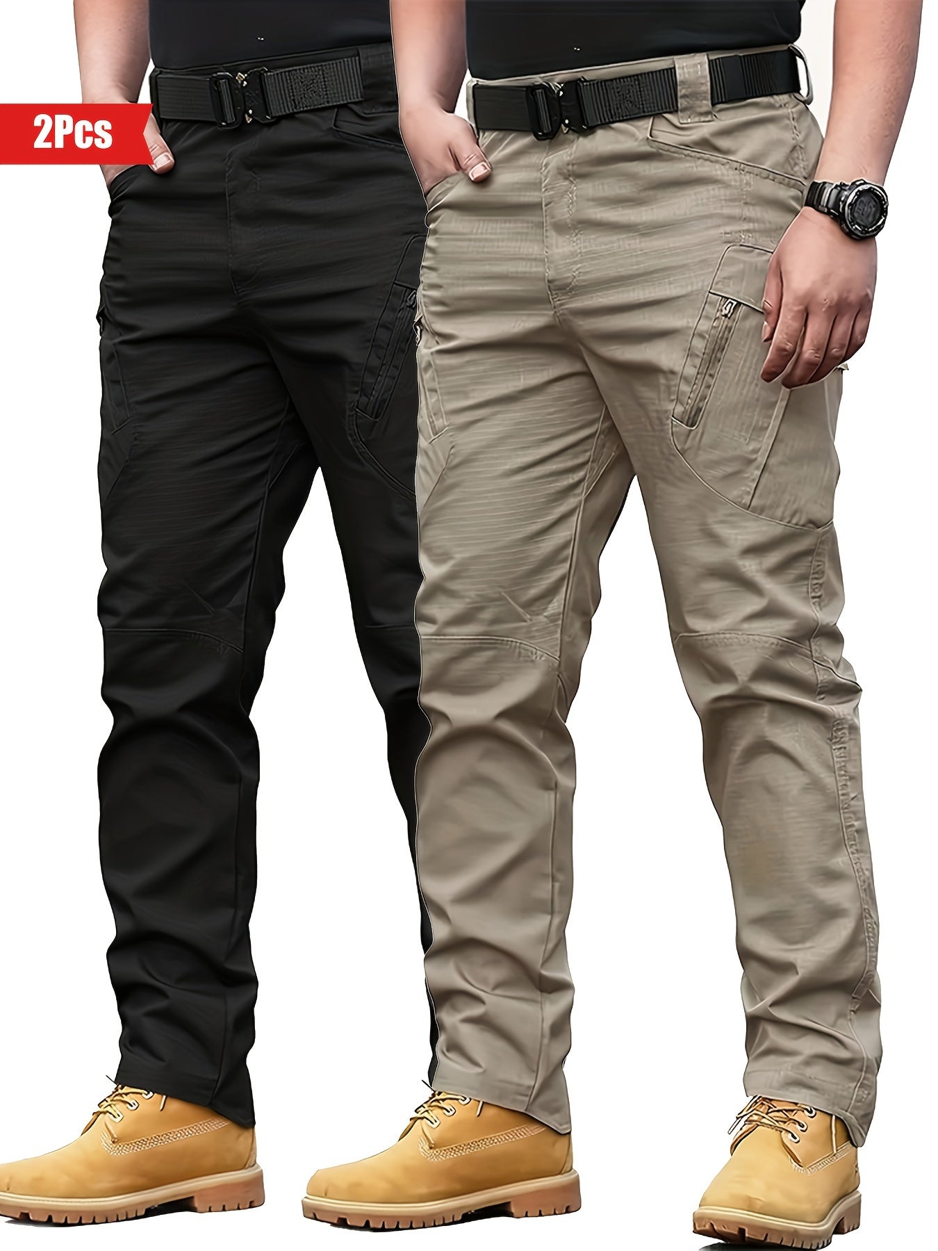 2pcs Men's Tactical Cargo Pants - Water-Resistant, Durable Polyester with Multi-Pocket Design for Outdoor Activities, Perfect for Spring & Fall NEXTRENDBAHRAIN