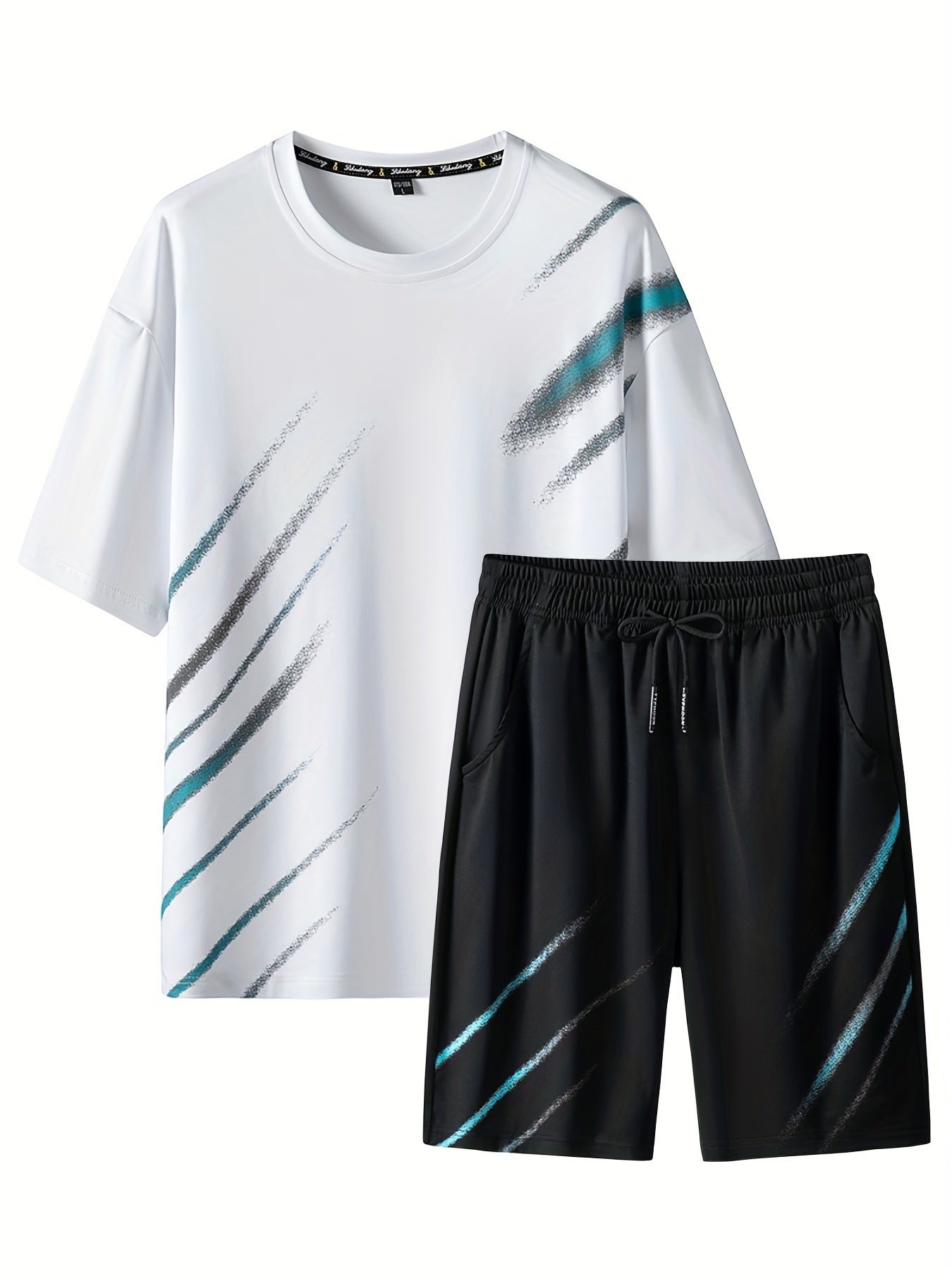 2-piece Set, Men's Casual Crew Neck Comfortable Sports T-shirt And Drawstring Shorts For Summer co ord set - NEXTRENDBAHRAIN