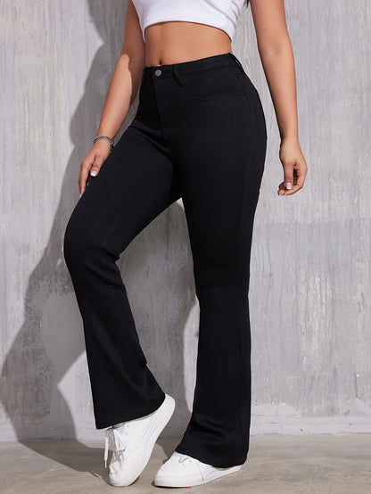 Black Slim Fit Flare Jeans, Mid-Stretch Raw Hem Versatile Bell Bottom Jeans, Women's Denim Jeans & Clothing NEXTRENDBAHRAIN