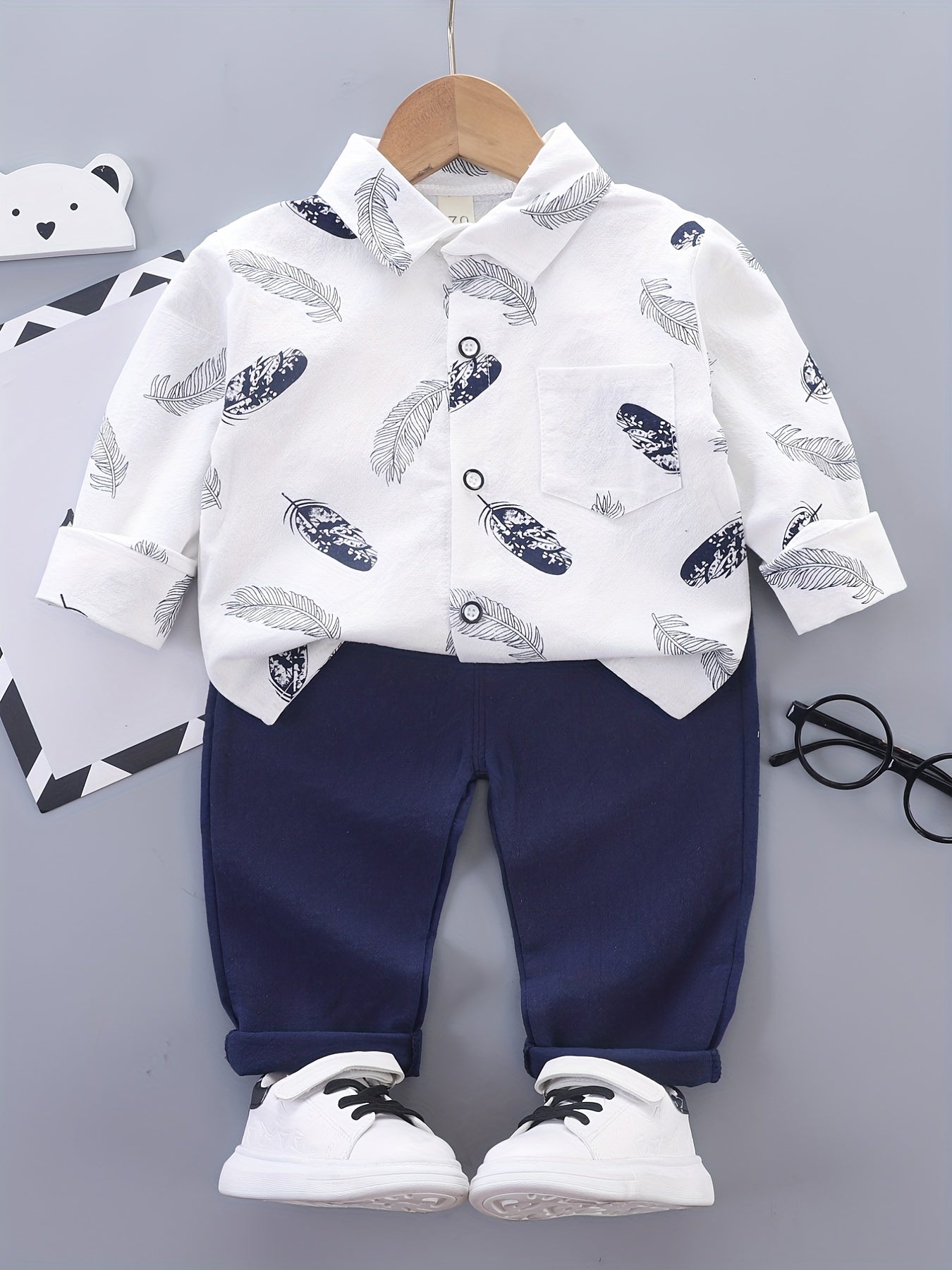 Boys Feather Graphic Patch Pocket Label Long Sleeve Shirt & Trousers Suit, Toddler Baby's Party Casual Clothes - NEXTRENDBAHRAIN