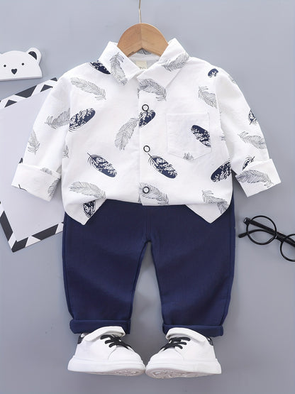 Boys Feather Graphic Patch Pocket Label Long Sleeve Shirt & Trousers Suit, Toddler Baby's Party Casual Clothes - NEXTRENDBAHRAIN