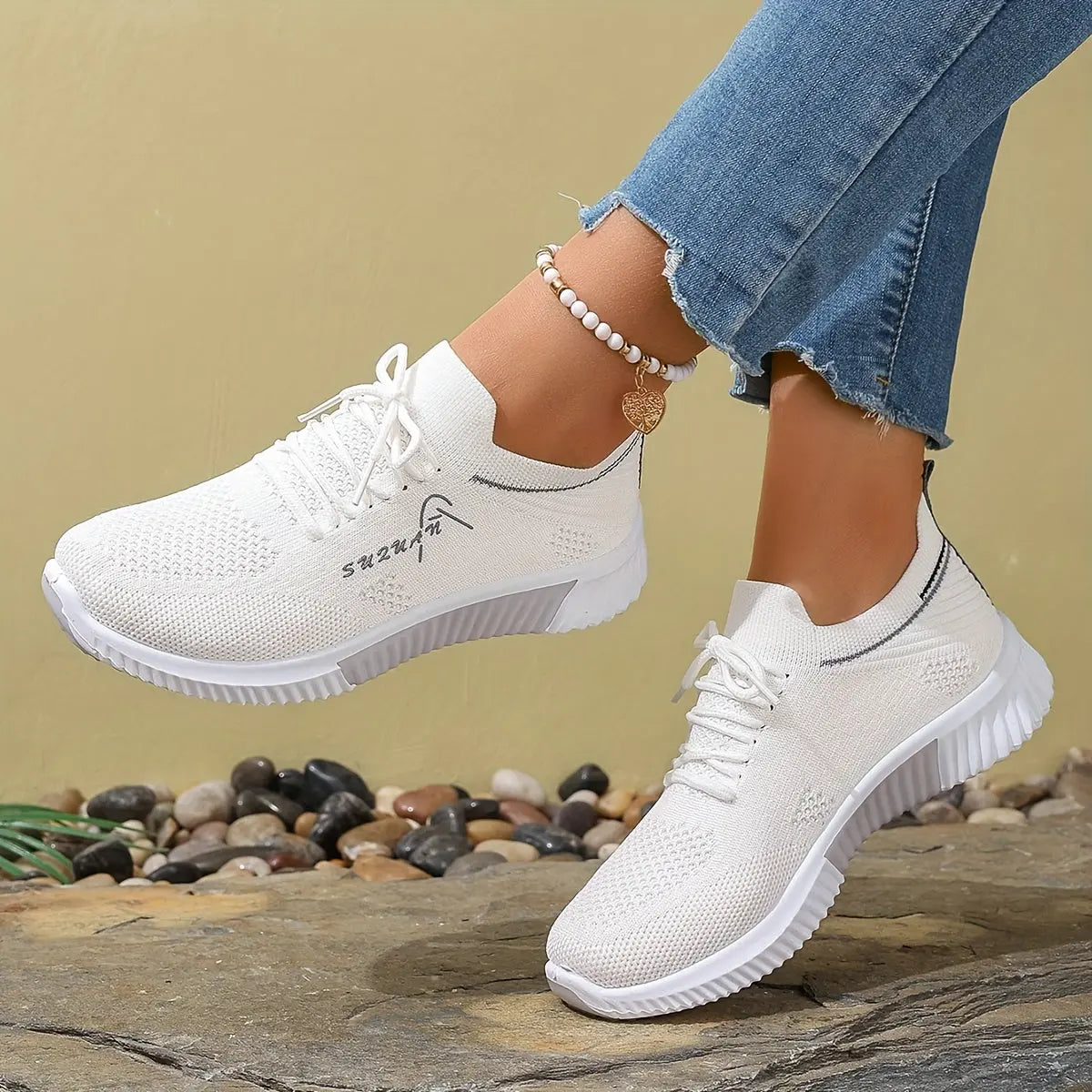 Women's Knitted Running Sneakers, Breathable & Lightweight Low Top Walking Trainers, Comfy Outdoor Sports Shoes - NEXTRENDBAHRAIN