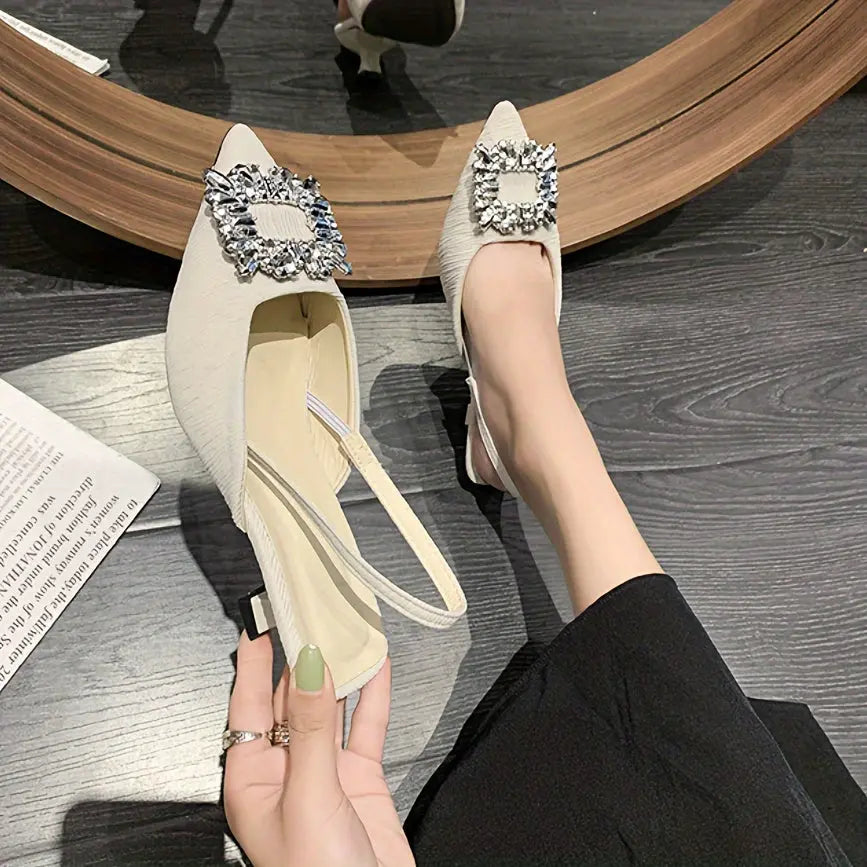 Women's Rhinestone Buckle Decor Low Heel Sandals, Fashion Point Toe Dress Pumps, Stylish Ankle Strap Slingback Heels - NEXTRENDBAHRAIN