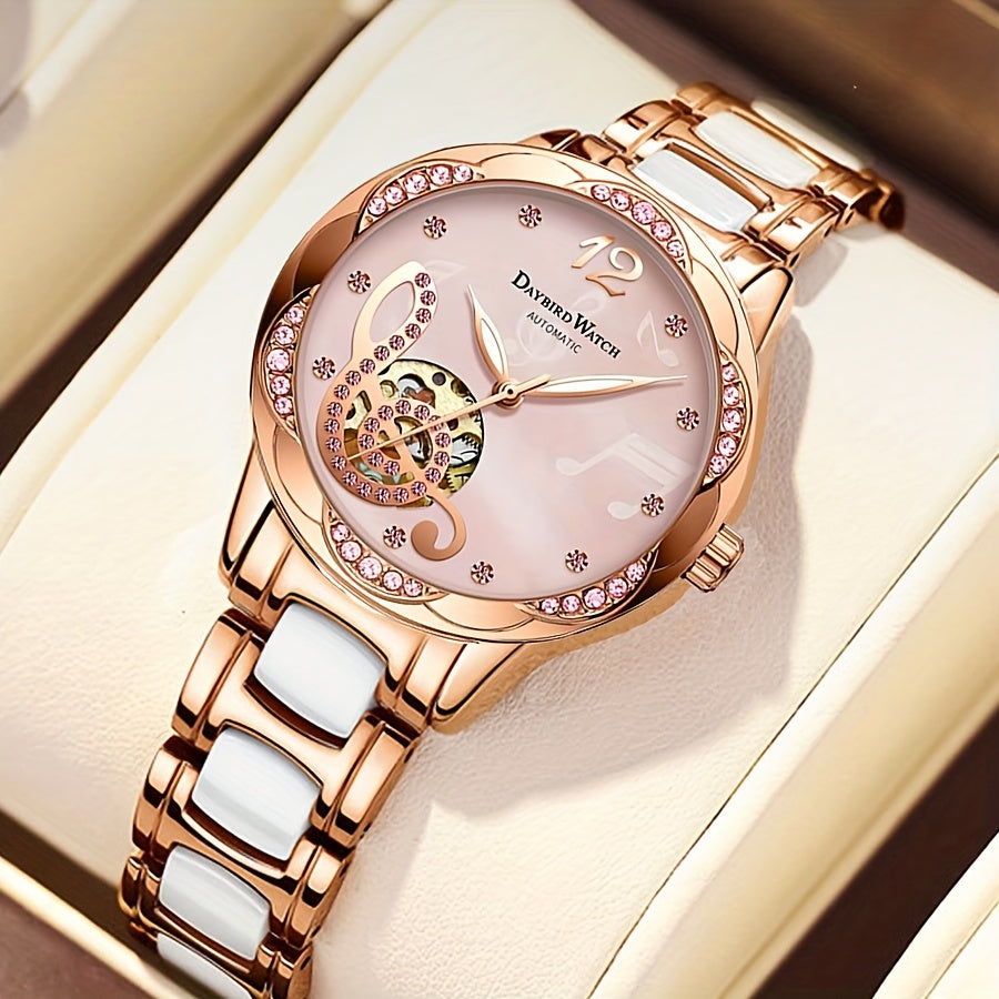 A rose Golden white women's alloy elegant casual style hollowed out mechanical watch - NEXTRENDBAHRAIN