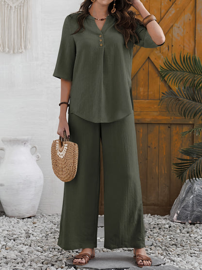 Casual Solid Color Pants Set, Short Sleeve Button Notch Neck Blouse & Wide Leg Pants Outfits, Women's Clothing - NEXTRENDBAHRAIN