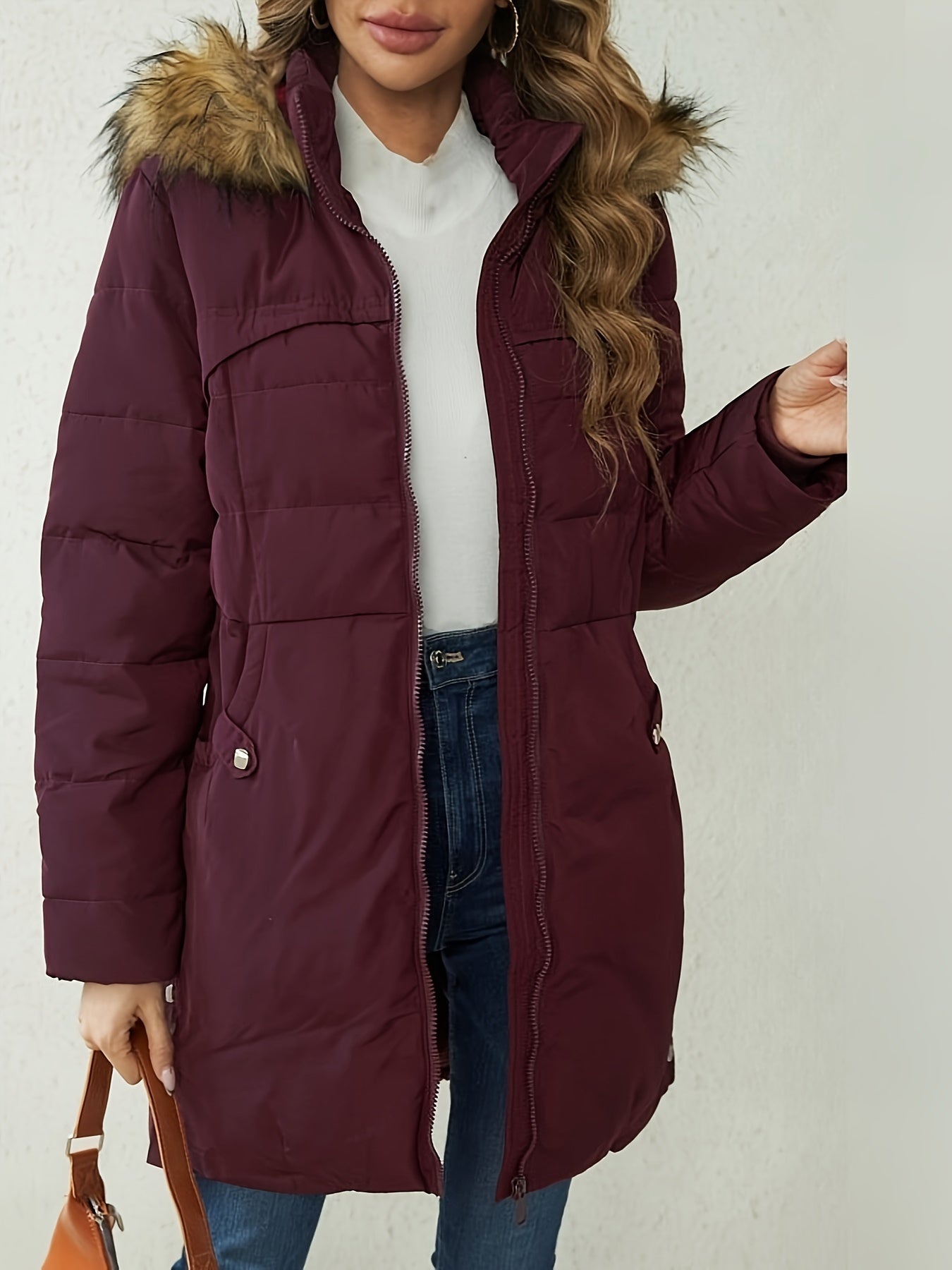 Women's Elegant Long Sleeve Polyester Padded Jacket Coat with Faux Fur Hood, Solid Color, Waterproof Mid-Length Slit Hem Winter Parka NEXTRENDBAHRAIN