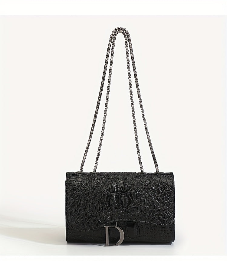 Women's Luxury Handbag, Elegant Crocodile Pattern Square Flap Chain Bag For Daily Use - NEXTRENDBAHRAIN