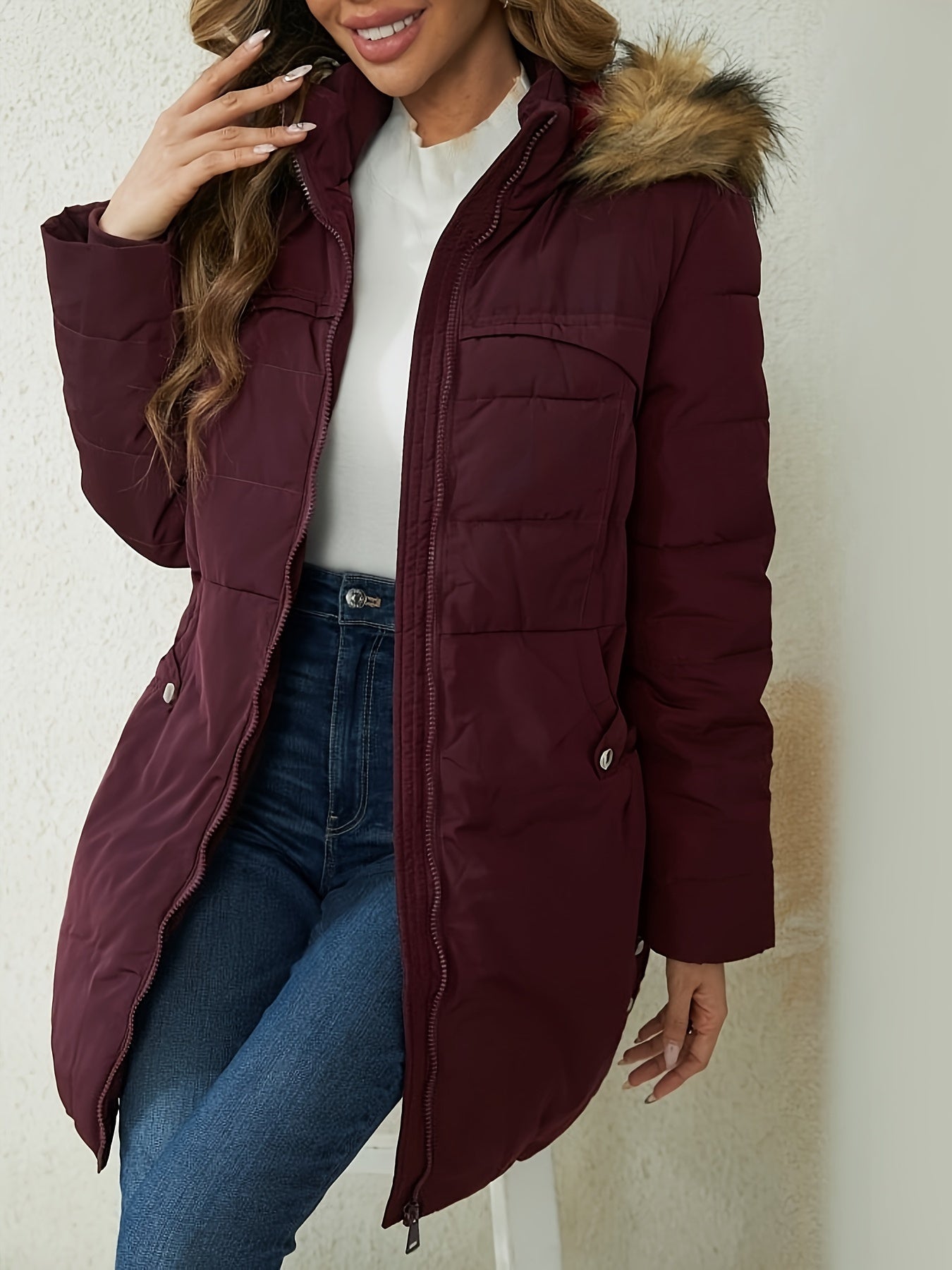 Women's Elegant Long Sleeve Polyester Padded Jacket Coat with Faux Fur Hood, Solid Color, Waterproof Mid-Length Slit Hem Winter Parka NEXTRENDBAHRAIN