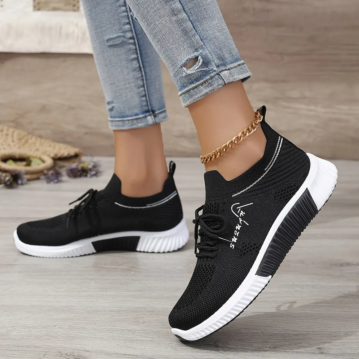 Women's Knitted Running Sneakers, Breathable & Lightweight Low Top Walking Trainers, Comfy Outdoor Sports Shoes - NEXTRENDBAHRAIN