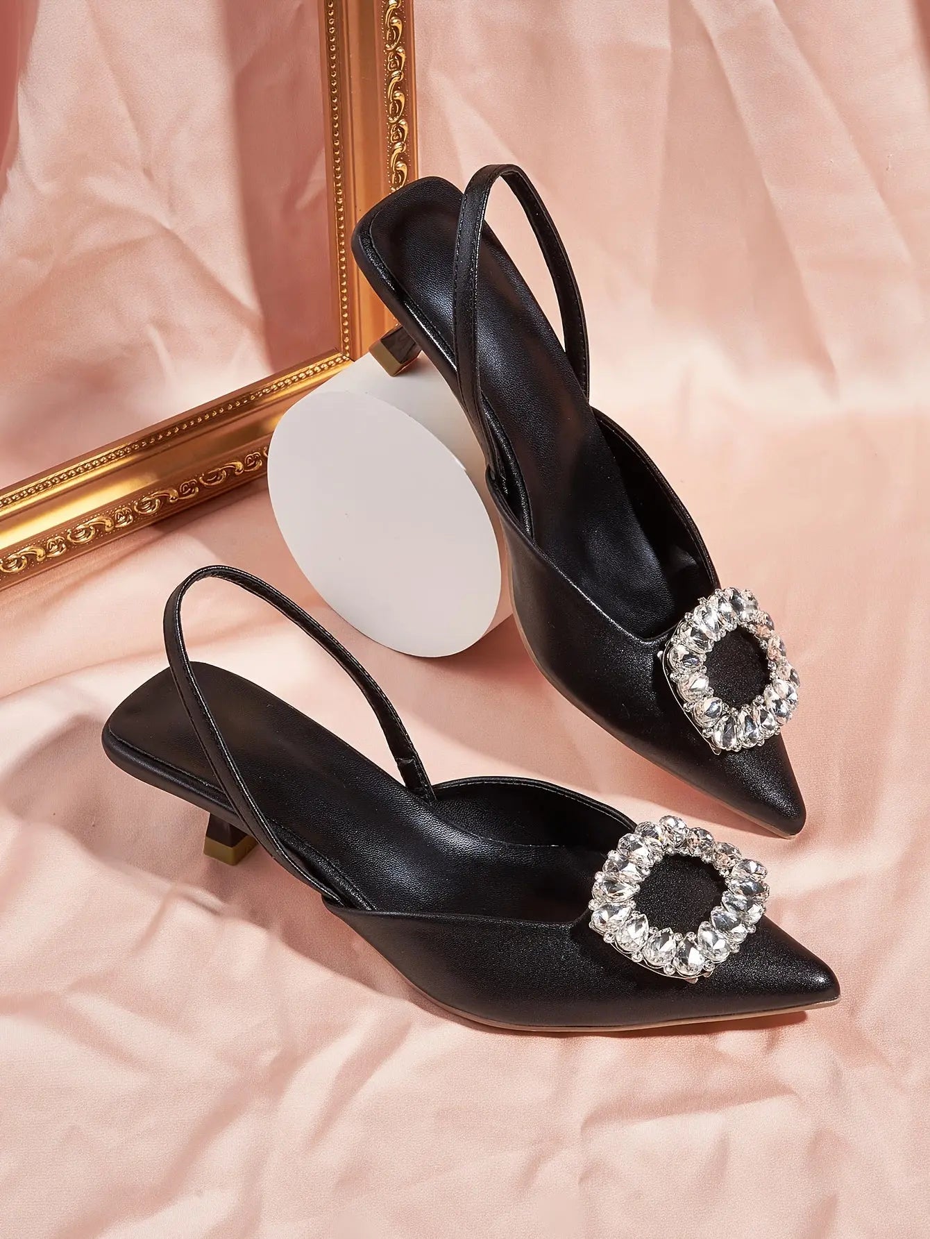 Women's Rhinestone Buckle Decor Stiletto Heels, Fashion Point Toe Dress Pumps, Stylish Ankles Trap Slingback Heels - NEXTRENDBAHRAIN