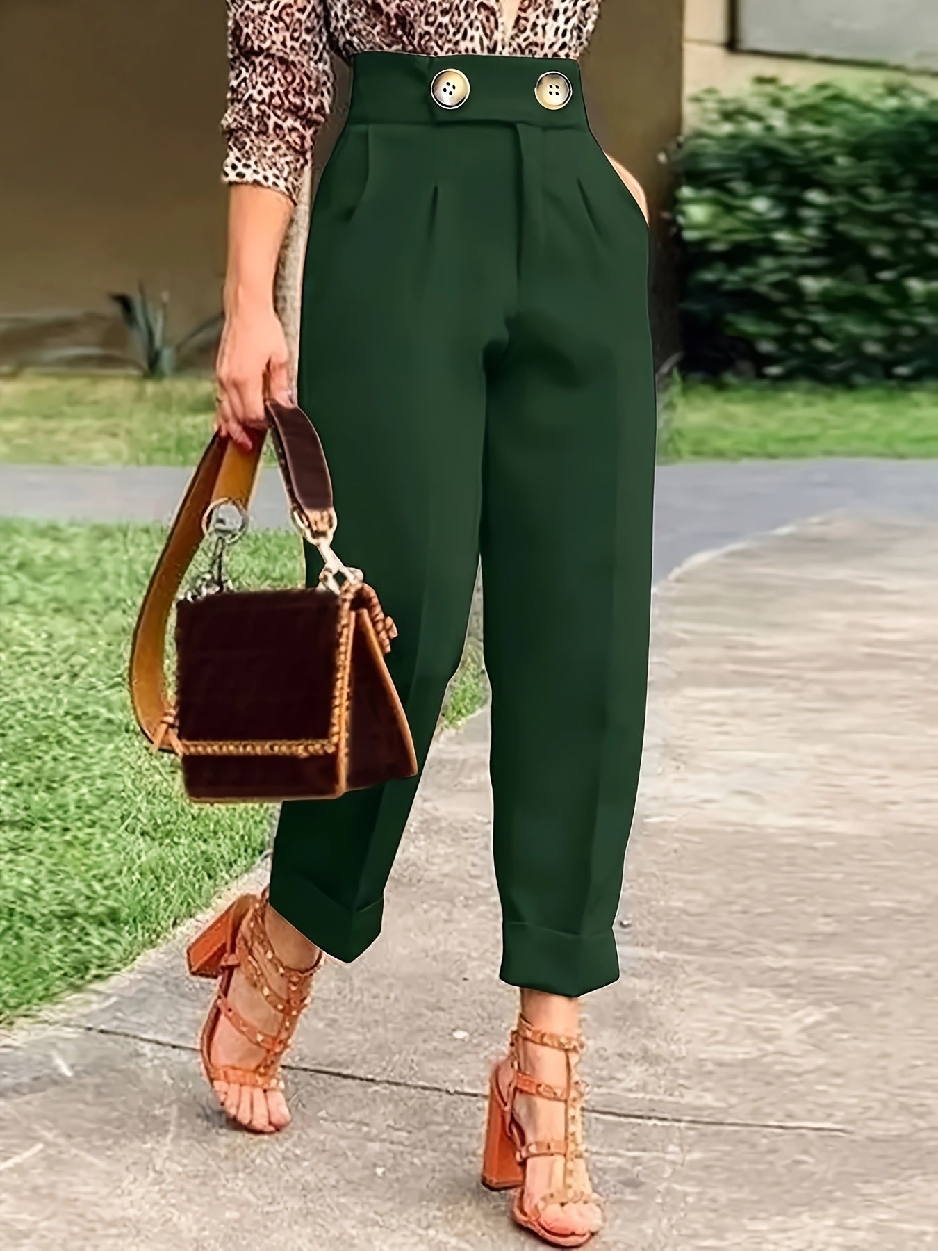 1pc Elegant Solid Color Polyester Harlan Trousers for Women, Button Detail, All-Season, Adult Fit, Woven Fabric NEXTRENDBAHRAIN