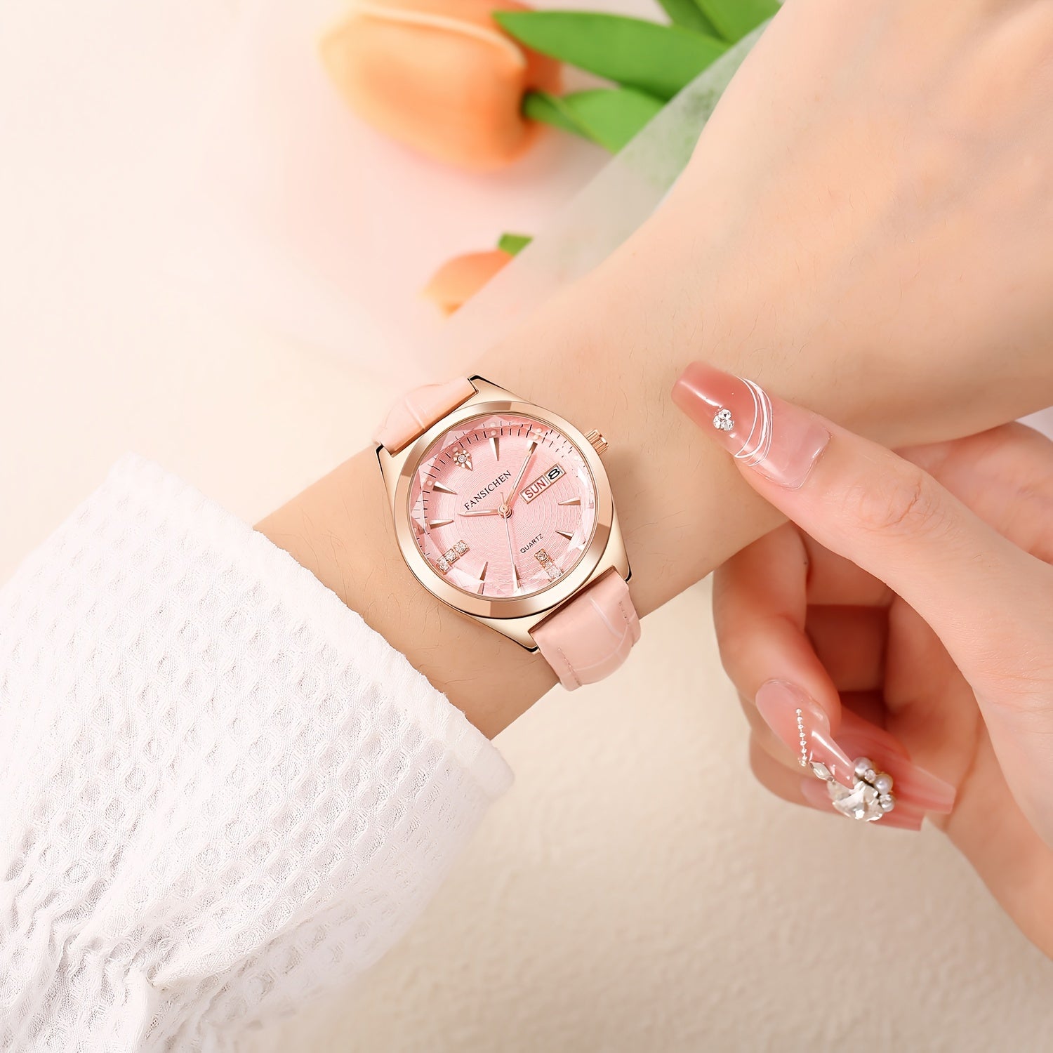 Elegant Women's Watch with Rhinestone Dial - Rose Golden, & Luminous with Calendar Feature, Genuine Faux Leather/Stainless Steel Band - Perfect Gift for Her - NEXTRENDBAHRAIN