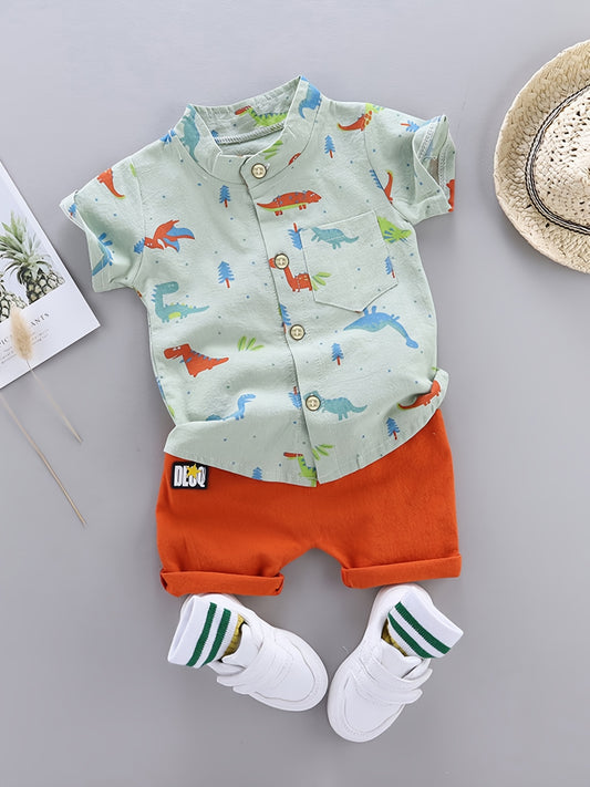 2pcs Baby Boys Dinosaur Print Button Short Sleeve Shirt Top & Elastic Waist Shorts Set Toddler Summer Clothes - NEXTRENDBAHRAIN