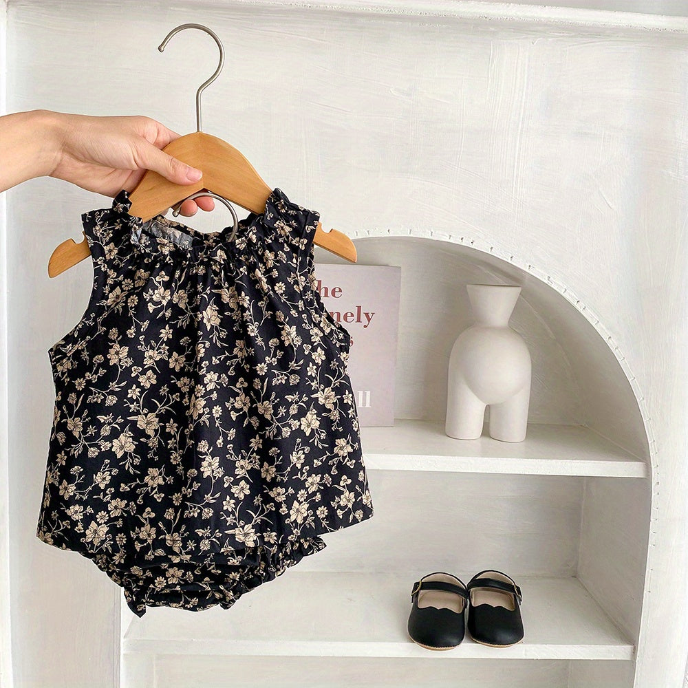 2pcs Baby Infant Girls Cute Floral Graphic Print Sleeveless Top & Shorts Set Clothes For Summer - NEXTRENDBAHRAIN