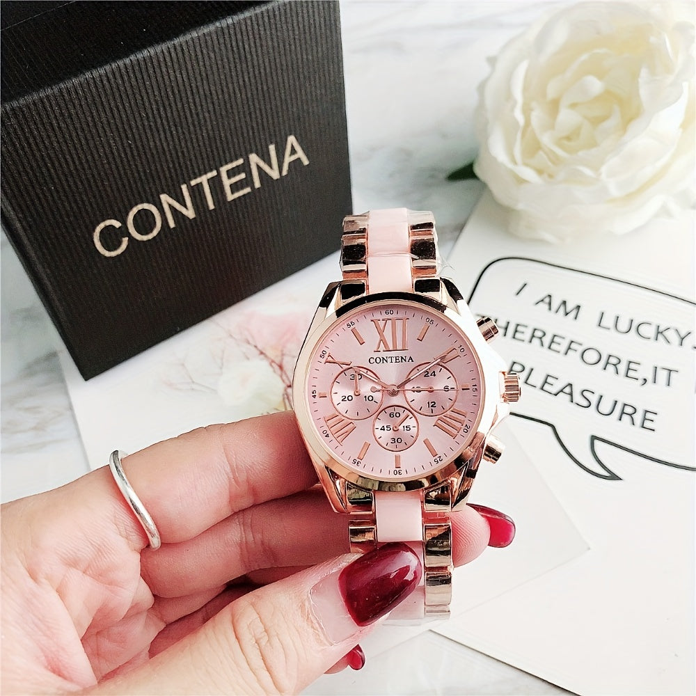 1pc Matching Contena Luxury Rose Golden Quartz Watches, Women's Fashion Wristwatch Set With Roman Numerals, Elegant Female Timepieces For Daily Life And Travel (Watch Only) - NEXTRENDBAHRAIN