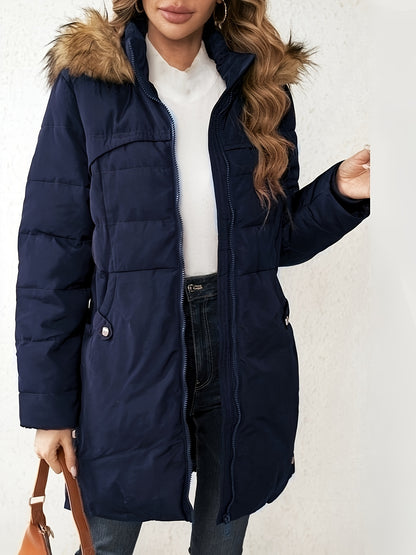 Women's Elegant Long Sleeve Polyester Padded Jacket Coat with Faux Fur Hood, Solid Color, Waterproof Mid-Length Slit Hem Winter Parka NEXTRENDBAHRAIN