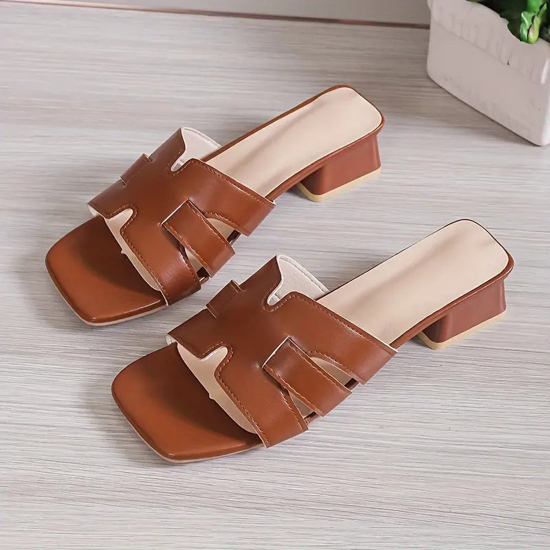 Women's Solid Color Trendy Sandals, Slip On Comfy Chunky Heel Slides Shoes, Versatile Square Toe Shoes - NEXTRENDBAHRAIN