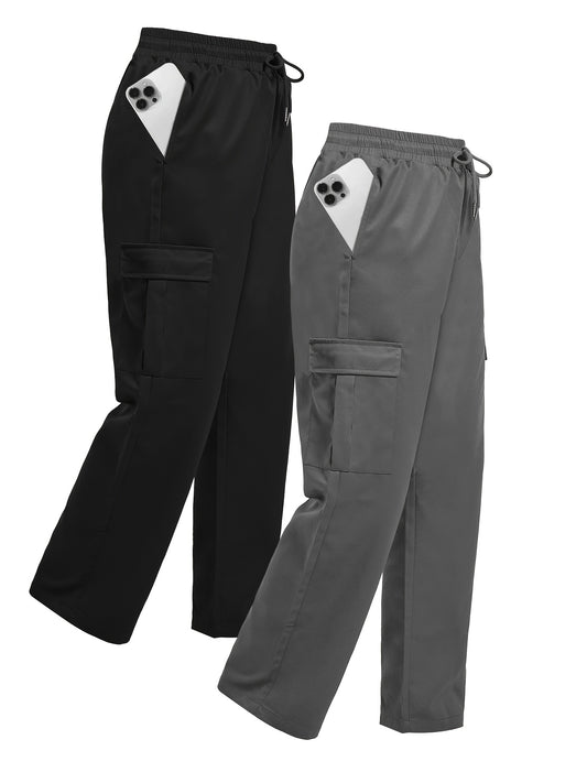 Women's Polyester Cargo Pants 2-Pack, Casual Solid Color Long Length with Pockets, Non-Stretch Woven Fabric for All Seasons NEXTRENDBAHRAIN