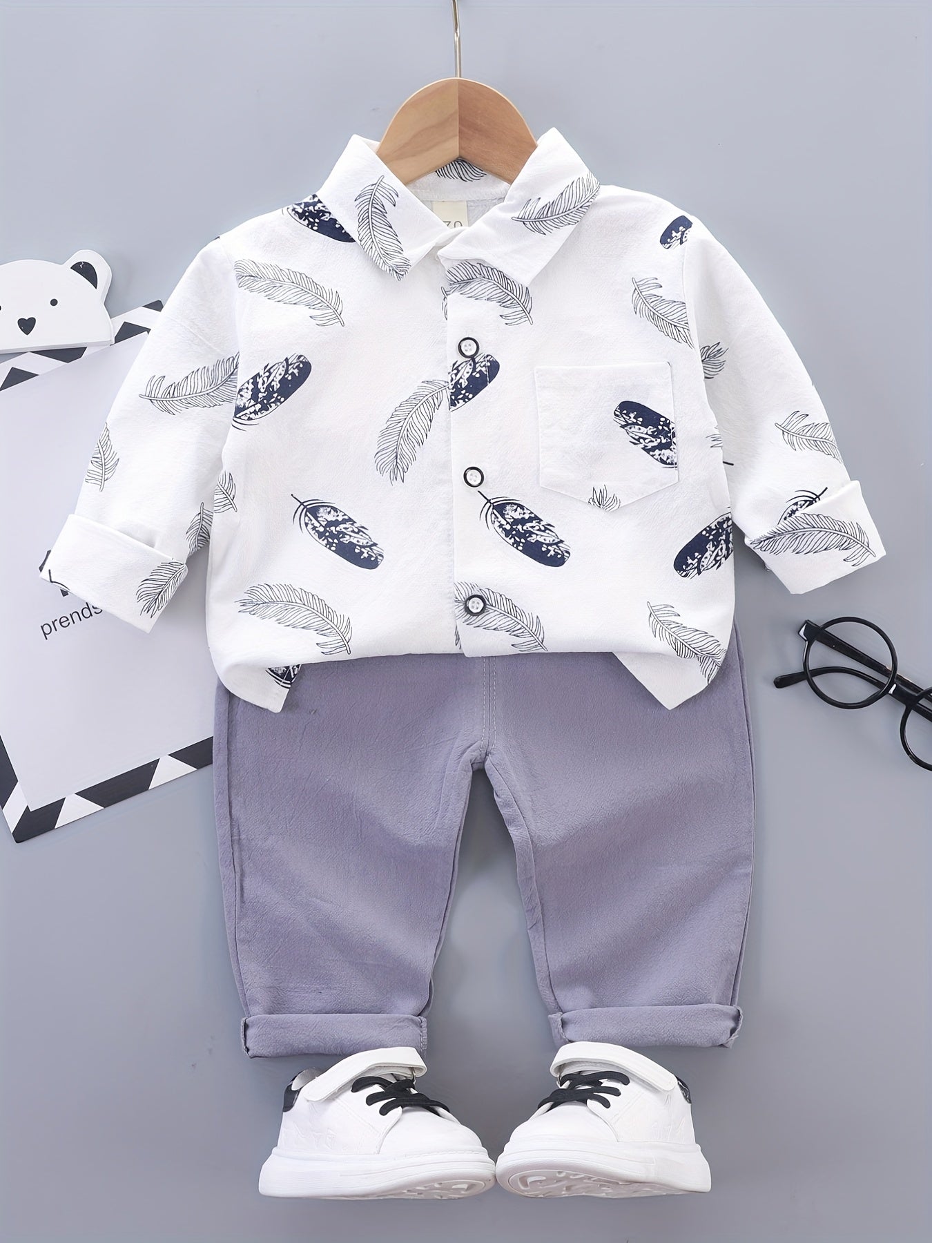 Boys Feather Graphic Patch Pocket Label Long Sleeve Shirt & Trousers Suit, Toddler Baby's Party Casual Clothes - NEXTRENDBAHRAIN