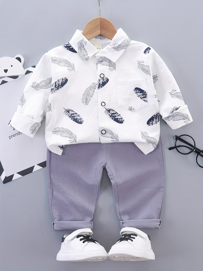 Boys Feather Graphic Patch Pocket Label Long Sleeve Shirt & Trousers Suit, Toddler Baby's Party Casual Clothes - NEXTRENDBAHRAIN