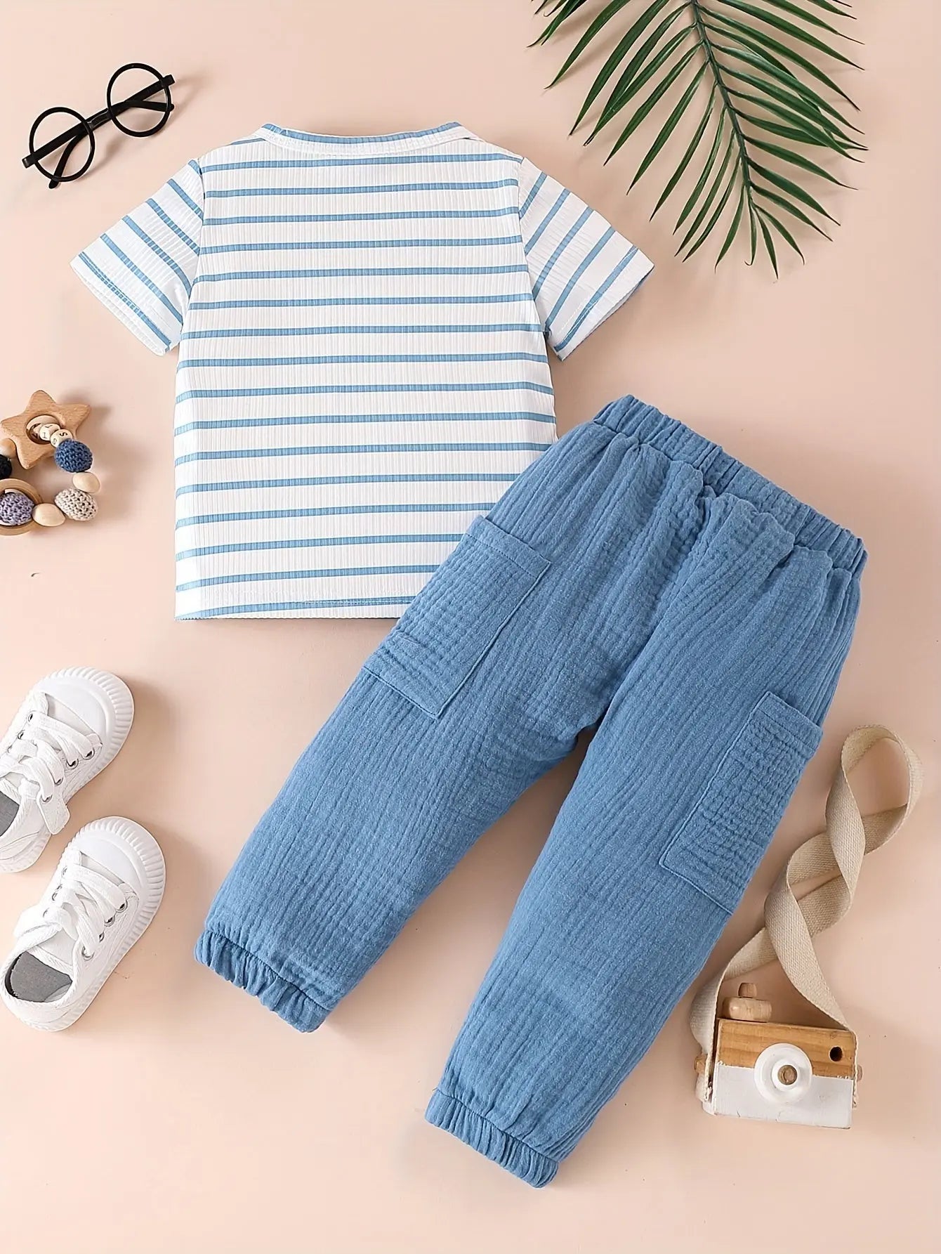 2pcs Baby's Striped Ribbed T-shirt & Casual Solid Color Pants, Toddler & Infant Boy's Clothing Set For Spring Summer - NEXTRENDBAHRAIN