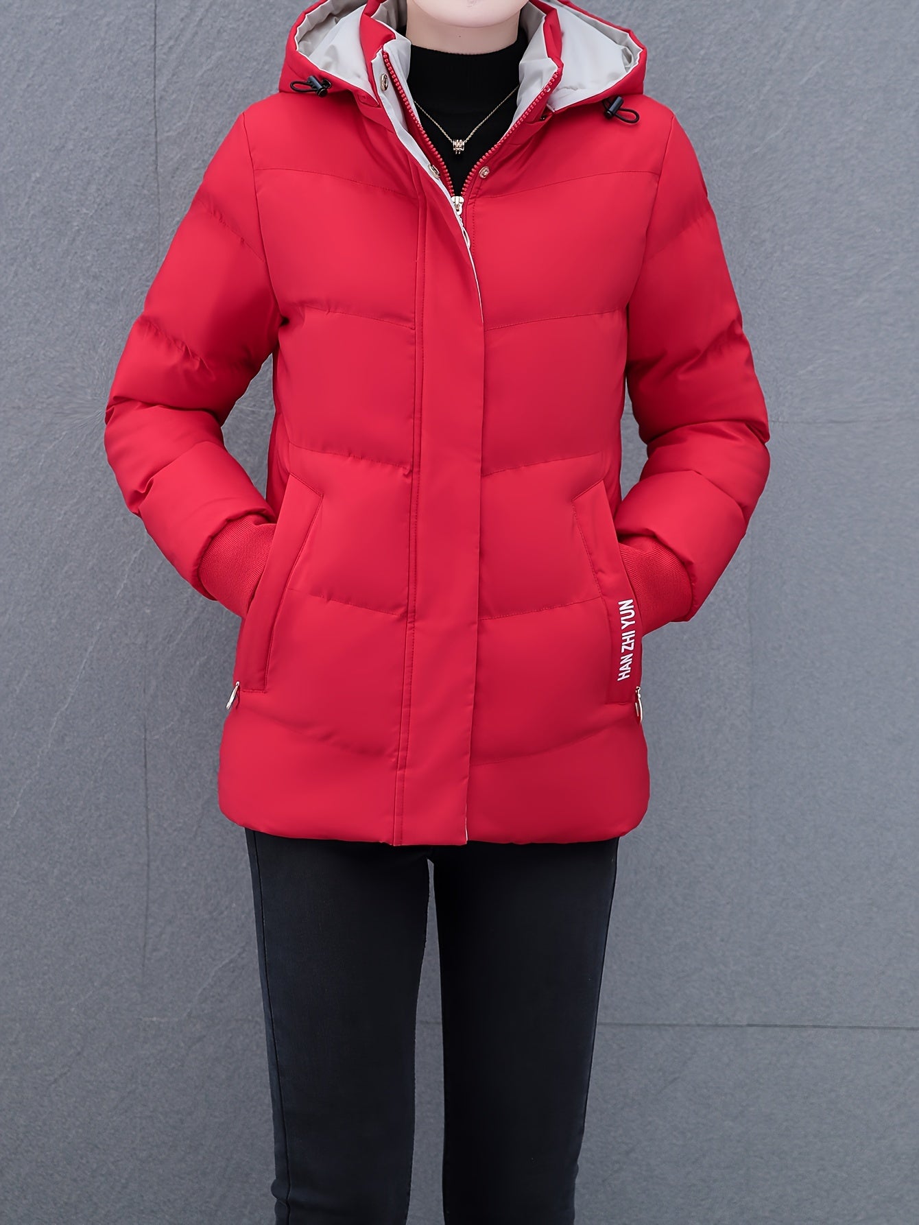 Women'S Puffer Coat, Autumn/Winter Warm Thickened Cotton Jacket, Hooded Sports Style, Solid Color, Zippered, Non-Stretch Fabric, Outdoor Casual Jacket, Polyester (Poly) Material, Woven Knit NEXTRENDBAHRAIN