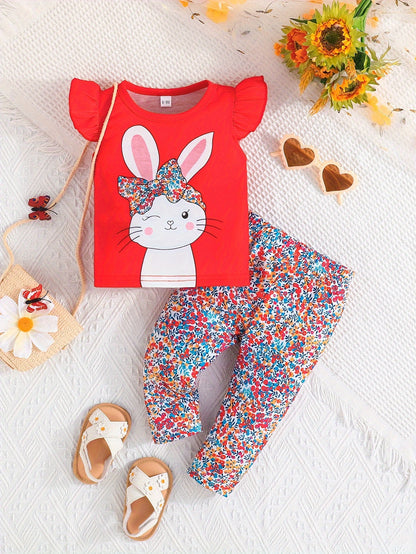 Baby's Cute Bunny Print 2pcs Casual Outfit, Cap Sleeve Top & Floral Pattern Pants Set, Toddler & Infant Girl's Clothes For Daily/Holiday/Party - NEXTRENDBAHRAIN