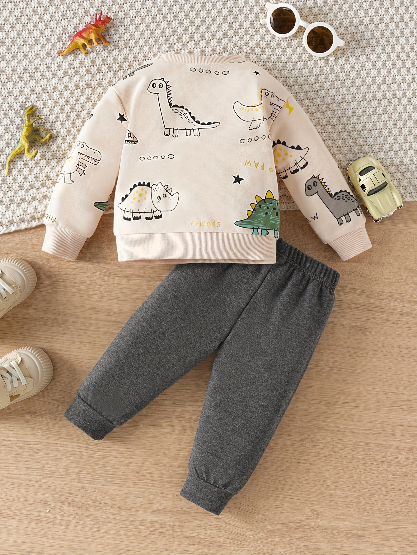 Boy'S Cartoon Dinosaur Print Long Sleeve Hoodie + Pants Set - Season: Fall/Winter, Style: Cute, Material: Polyester (Poly), Pattern: Dinosaurs, Fabric: Micro Elastic - NEXTRENDBAHRAIN