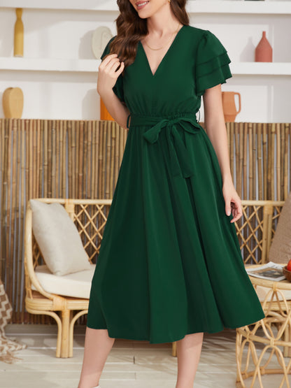 Belted Layered Ruffle Hem Dress, Casual V Neck Short Sleeve Dress, Women's Clothing For Elegant Dressing - NEXTRENDBAHRAIN