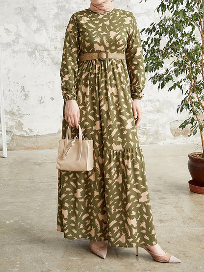 Allover Print Crew Neck Modest Dress, Elegant Long Sleeve Maxi Dress For Spring & Fall, Women's Clothing - NEXTRENDBAHRAIN