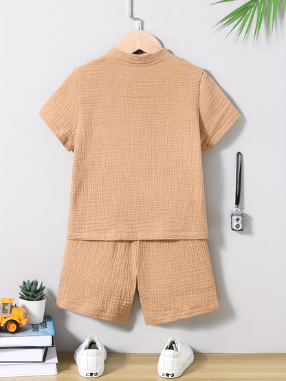 2pcs Boy's Breathable Summer Outfit, Trendy Woven Shirt & Comfy Shorts Set, Kids Clothing - NEXTRENDBAHRAIN