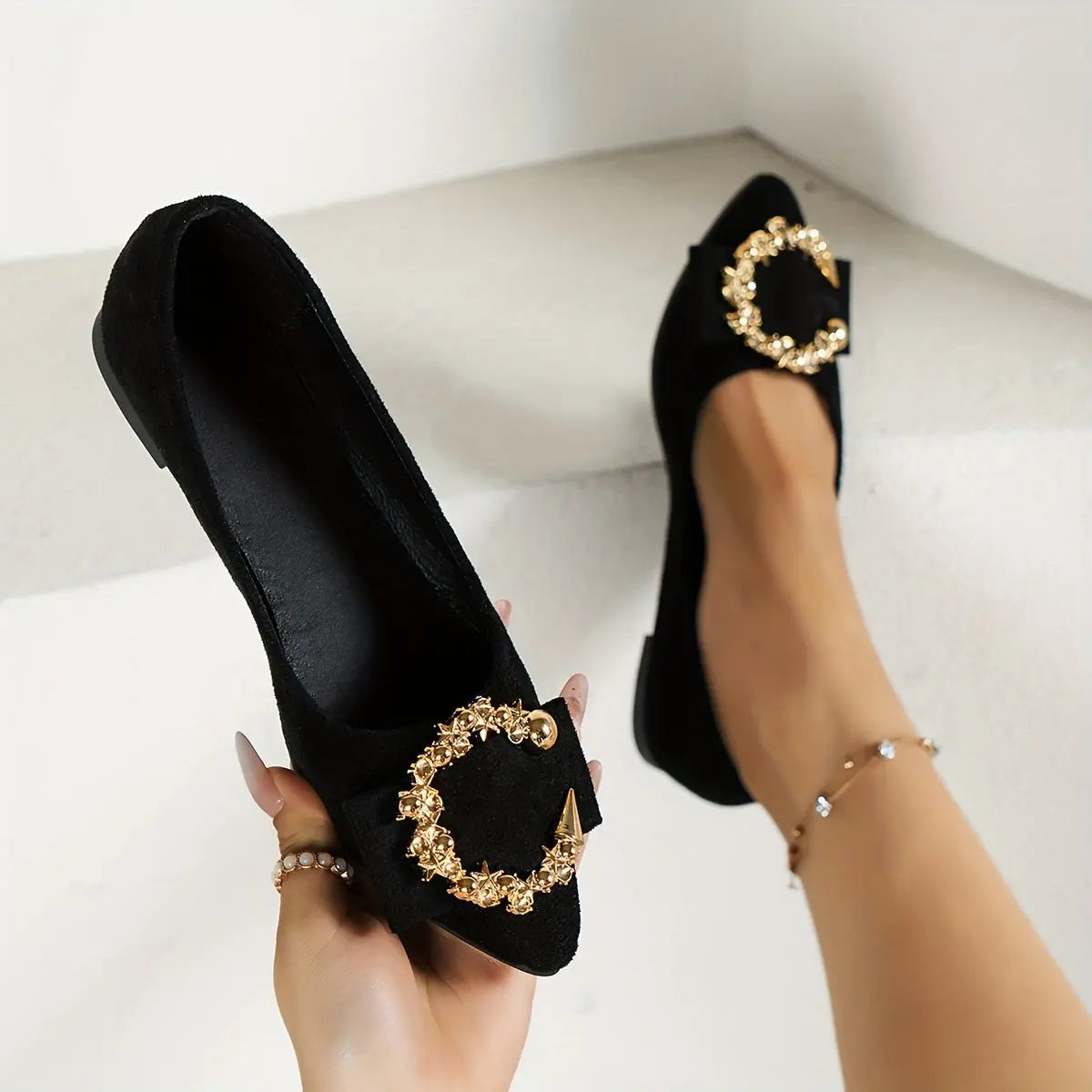 Women's Metal Decor Flat Shoes, Elegant Pointed Toe Slip On Shoes, Comfortable Walking Shoes - NEXTRENDBAHRAIN