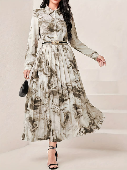 Elegant Abstract Print Skirt Set, Single Breasted Long Sleeve Blouse & Pleated Aline Flowy Swing Skirt, Women's Clothing - NEXTRENDBAHRAIN