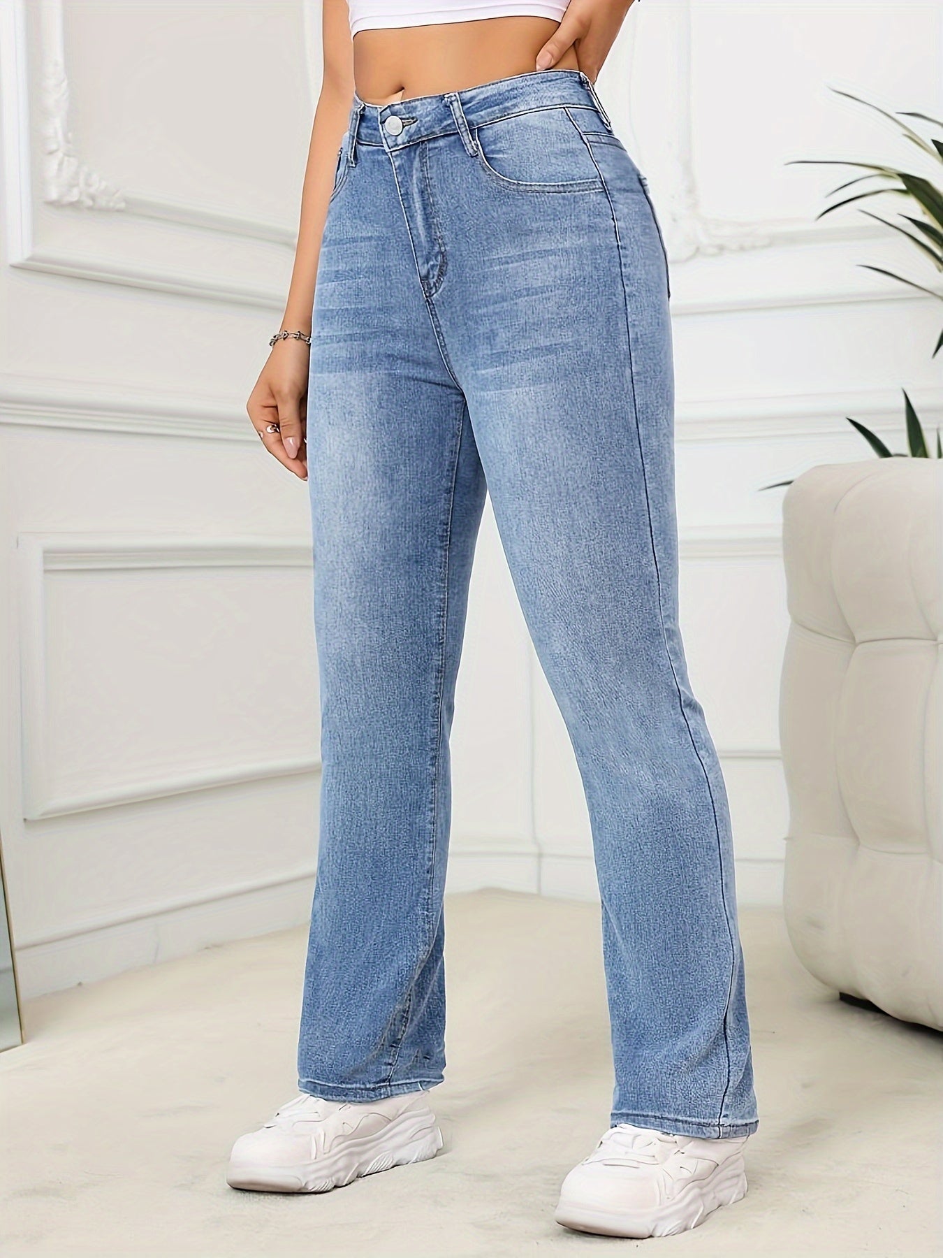 Women's High-Waist Stretch Jeans, Slim Fit Straight-Leg Denim Pants, Elegant Style, Versatile Blue, Casual Long Trousers NEXTRENDBAHRAIN