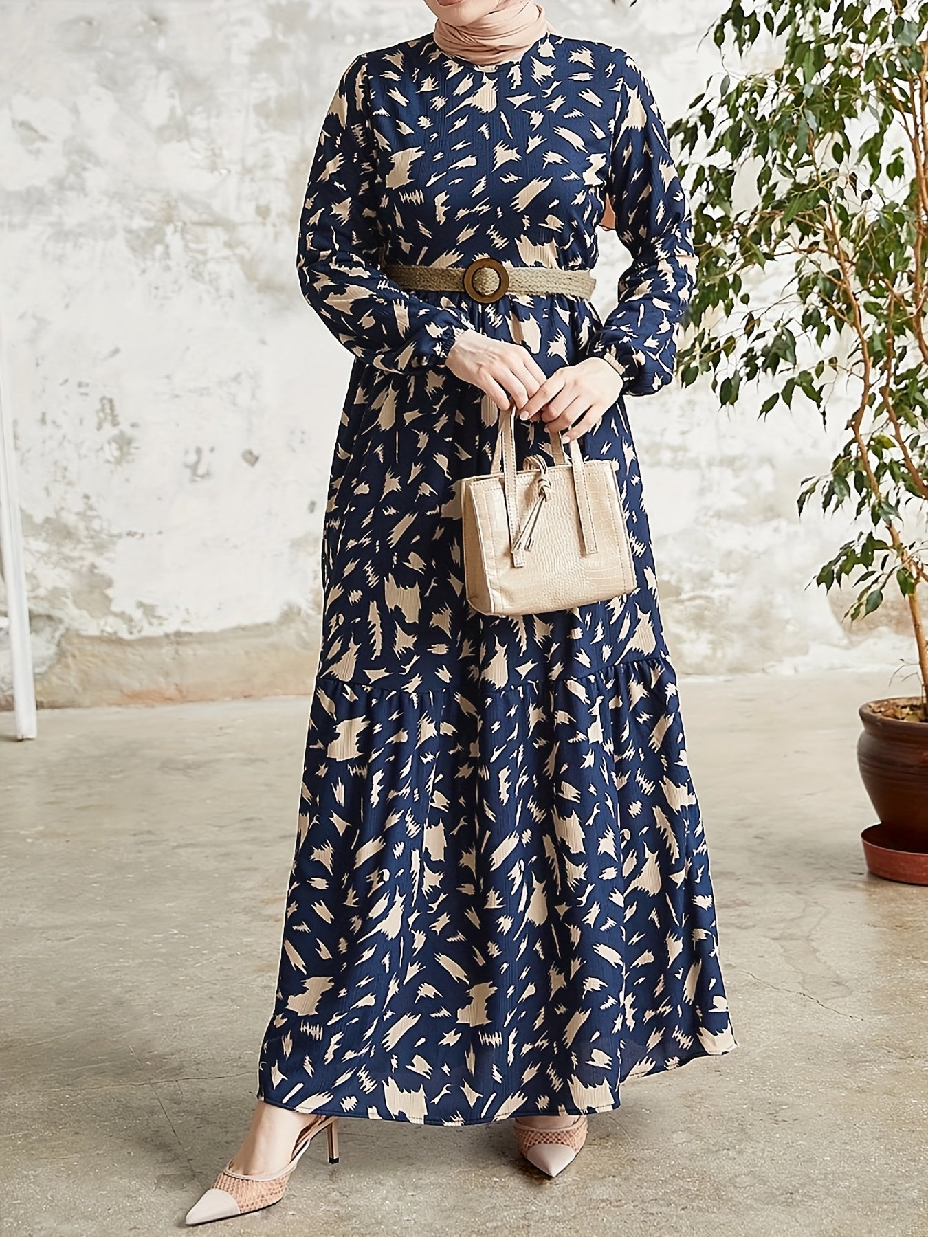 Allover Print Crew Neck Modest Dress, Elegant Long Sleeve Maxi Dress For Spring & Fall, Women's Clothing - NEXTRENDBAHRAIN