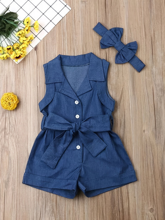 Girls Sleeveless Denim Romper Button Belted Jumpsuit & Bow Headband Set Kids Summer Clothes - NEXTRENDBAHRAIN