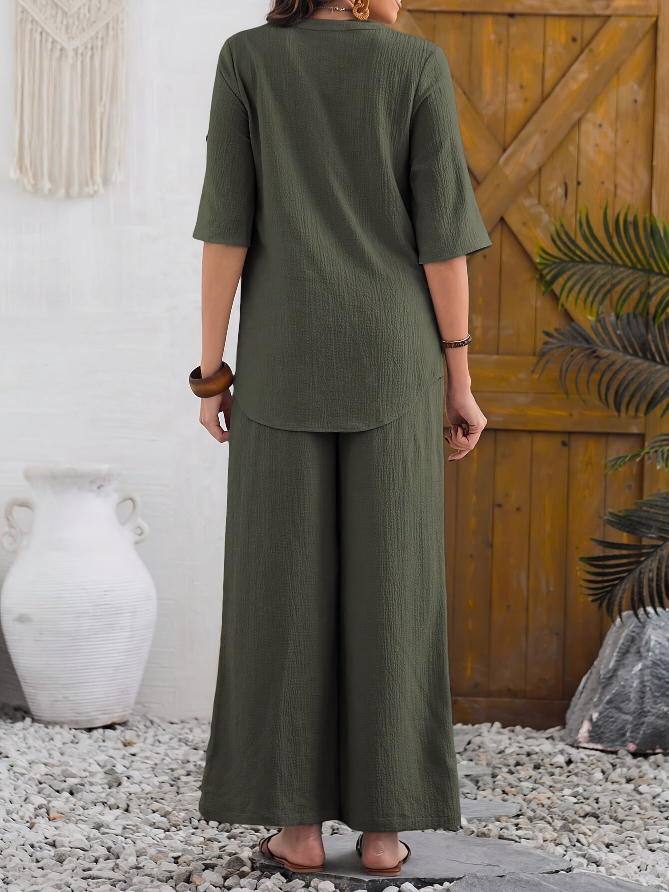 Casual Solid Color Pants Set, Short Sleeve Button Notch Neck Blouse & Wide Leg Pants Outfits, Women's Clothing - NEXTRENDBAHRAIN