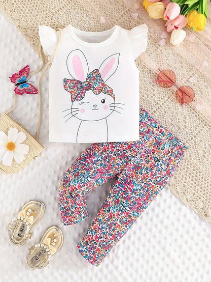 Baby's Cute Bunny Print 2pcs Casual Outfit, Cap Sleeve Top & Floral Pattern Pants Set, Toddler & Infant Girl's Clothes For Daily/Holiday/Party - NEXTRENDBAHRAIN