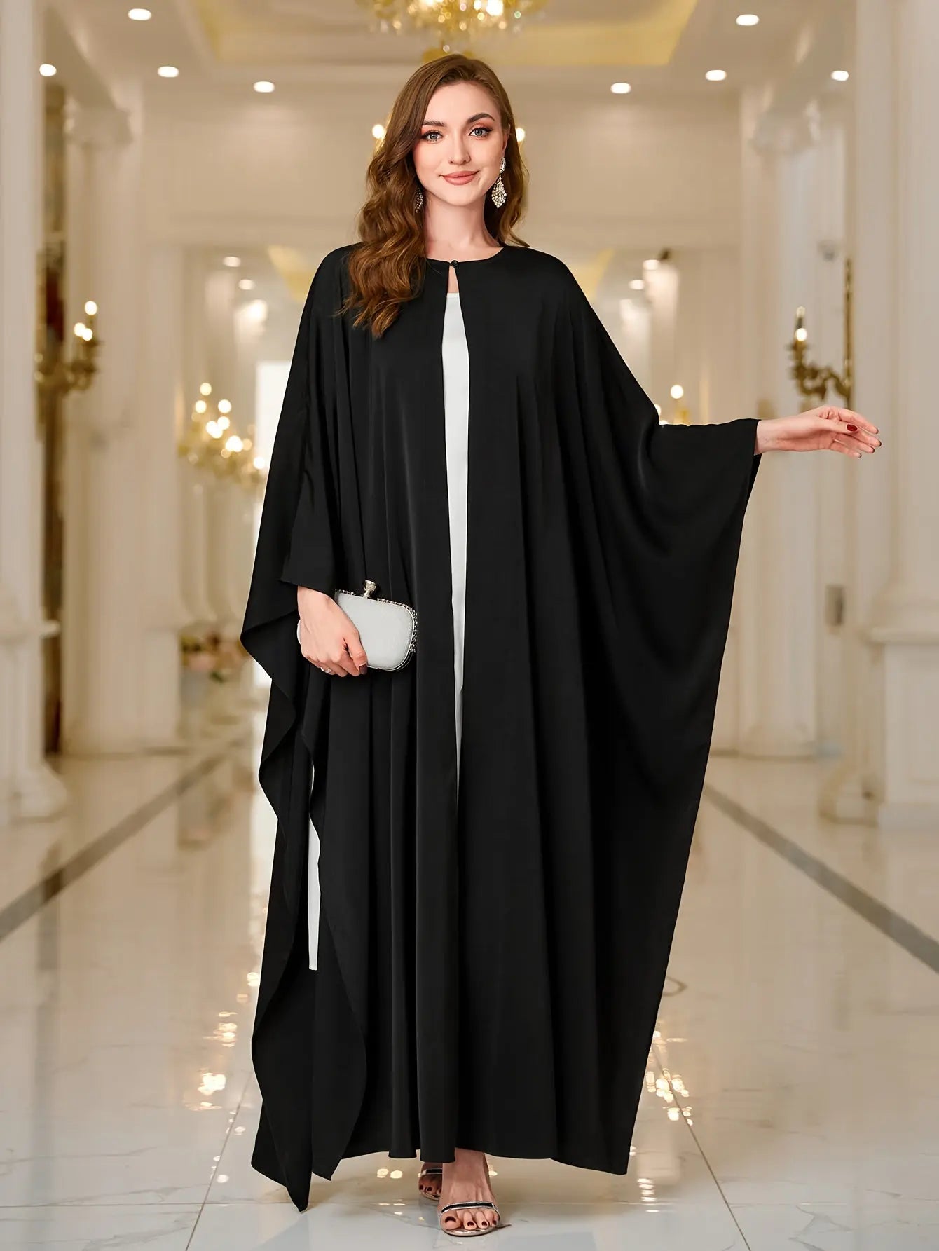 Button Front Batwing Sleeve Modest Dress, Elegant Loose Solid Color Cloak Maxi Muslim Outwear, Women's Clothing NEXTRENDBAHRAIN