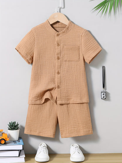 2pcs Boy's Breathable Summer Outfit, Trendy Woven Shirt & Comfy Shorts Set, Kids Clothing - NEXTRENDBAHRAIN