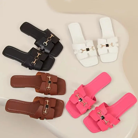 Women's Buckle Decor Flat Slide Sandals, Fashion Square Open Toe Summer Shoes, Casual Outdoor Beach Slides - NEXTRENDBAHRAIN