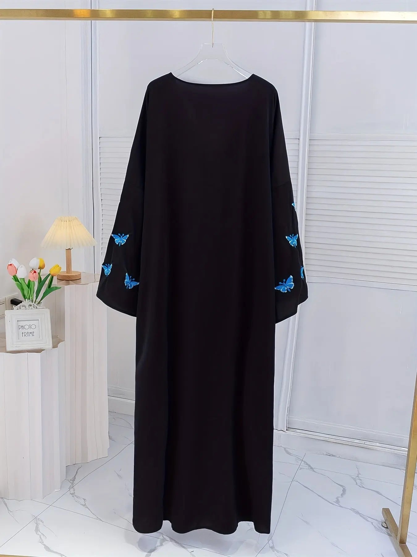 Butterfly Embroidered Long Sleeve Abayas Dress, Elegant V Neck Maxi Length Dress, Women's Clothing NEXTRENDBAHRAIN