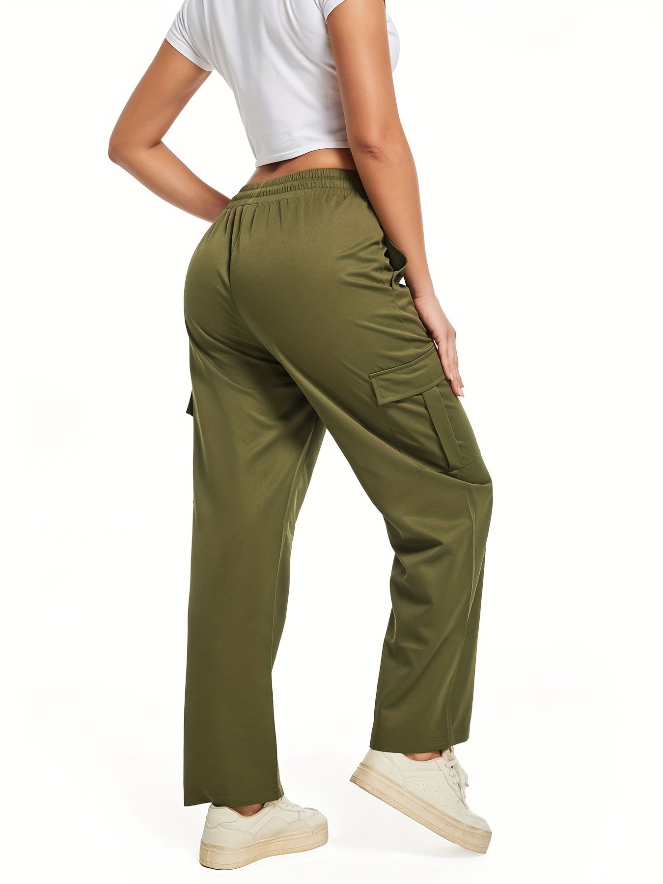 Women's Polyester Cargo Pants 2-Pack, Casual Solid Color Long Length with Pockets, Non-Stretch Woven Fabric for All Seasons NEXTRENDBAHRAIN