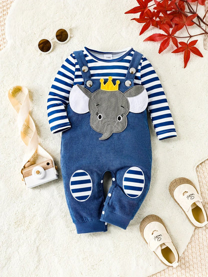 2pcs Baby's Cute Elephant Prince Patchwork Jumpsuit & Casual Striped Long Sleeve T-shirt, Toddler & Infant Boy's Clothing Set - NEXTRENDBAHRAIN