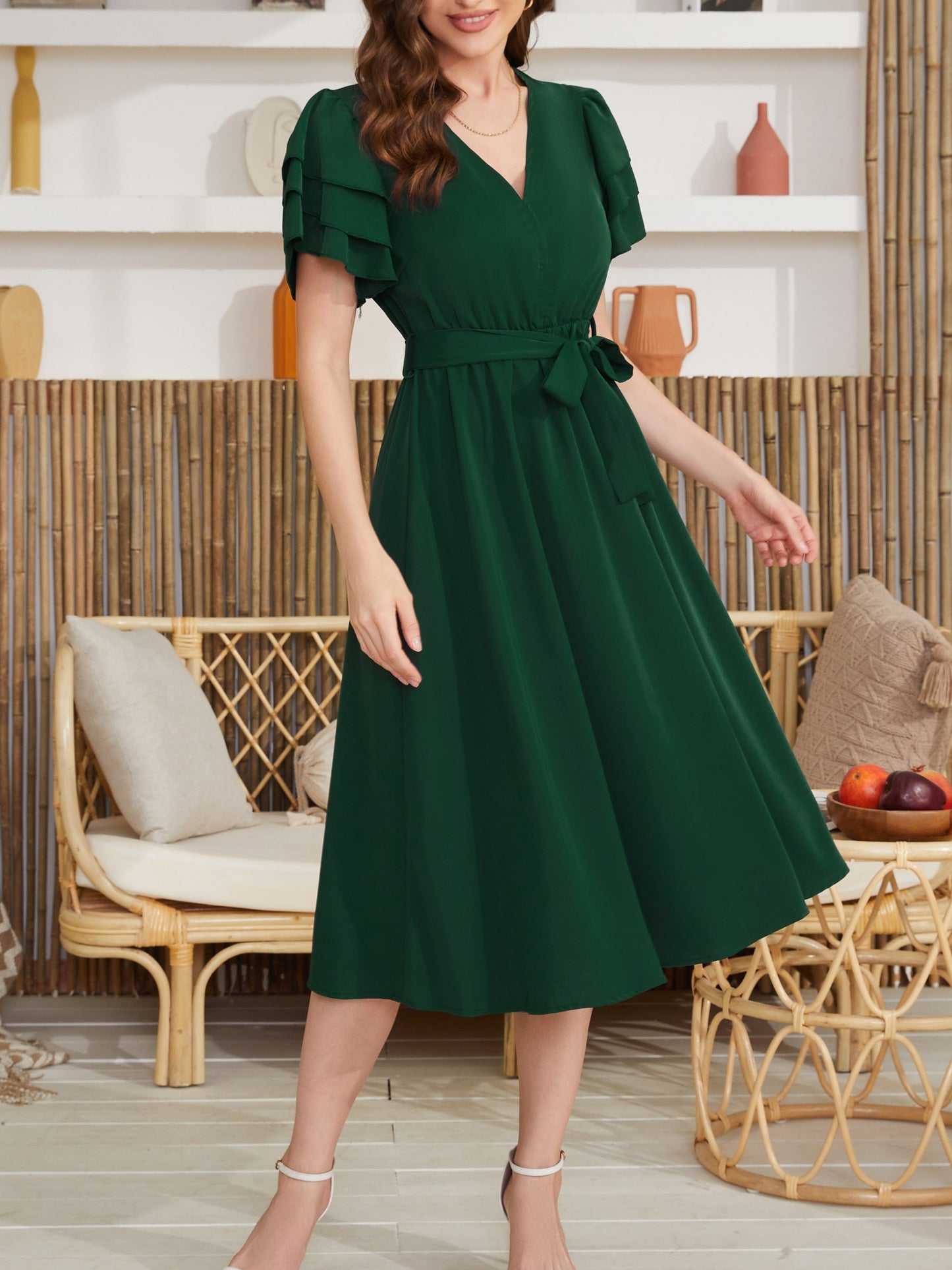 Belted Layered Ruffle Hem Dress, Casual V Neck Short Sleeve Dress, Women's Clothing For Elegant Dressing - NEXTRENDBAHRAIN