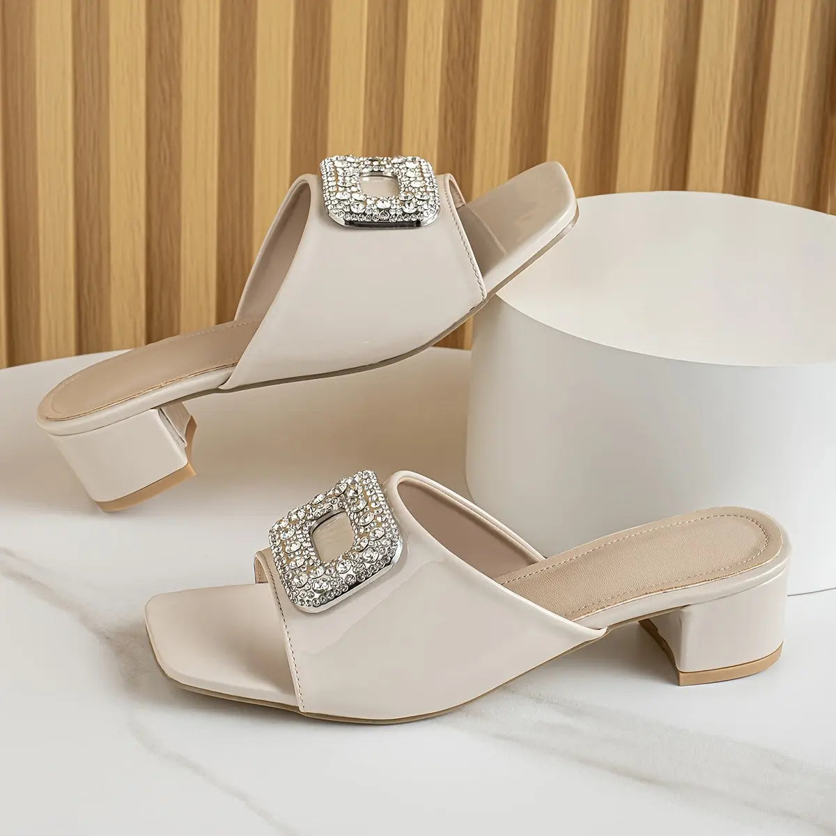 Women's Solid Color Stylish Sandals, Slip On Rhinestone Buckle Chunky Heels, Comfort Square Toe Daily Footwear - NEXTRENDBAHRAIN