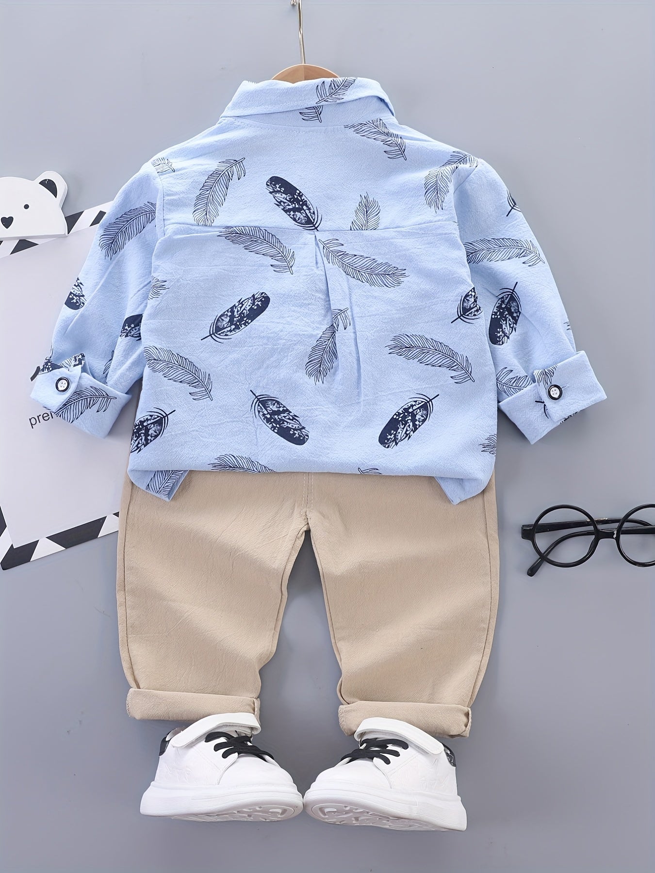 Boys Feather Graphic Patch Pocket Label Long Sleeve Shirt & Trousers Suit, Toddler Baby's Party Casual Clothes - NEXTRENDBAHRAIN