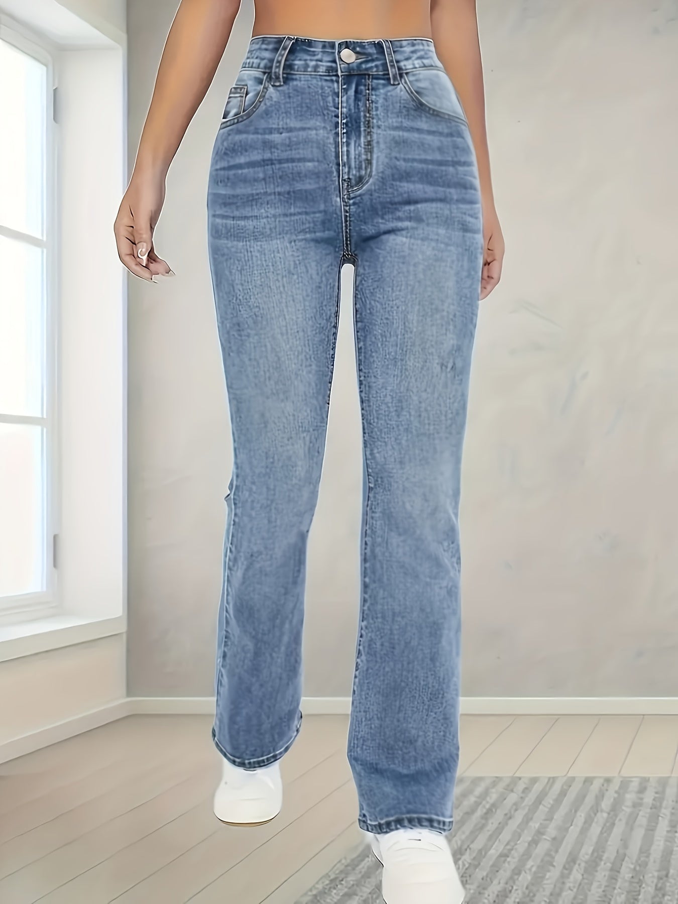 Women's High-Waist Stretch Jeans, Slim Fit Straight-Leg Denim Pants, Elegant Style, Versatile Blue, Casual Long Trousers NEXTRENDBAHRAIN