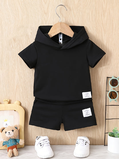 2pcs Baby Boy's Letter Patched Summer Set, Short Sleeve Hooded T-shirt & Casual Shorts - NEXTRENDBAHRAIN