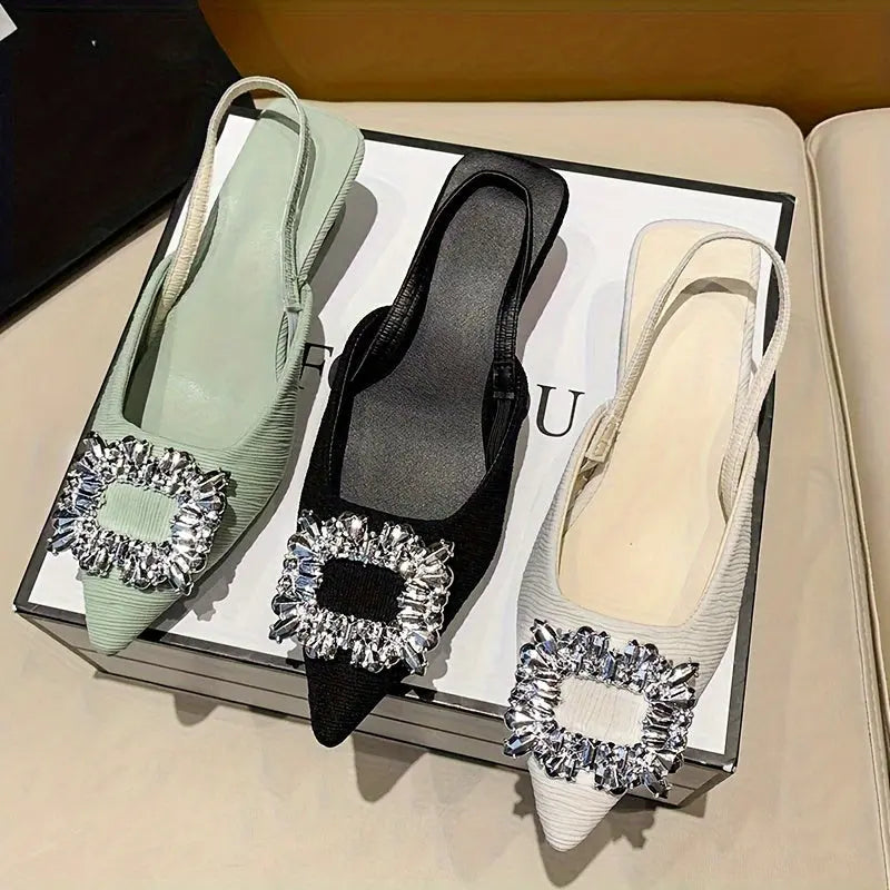 Women's Rhinestone Buckle Decor Low Heel Sandals, Fashion Point Toe Dress Pumps, Stylish Ankle Strap Slingback Heels - NEXTRENDBAHRAIN